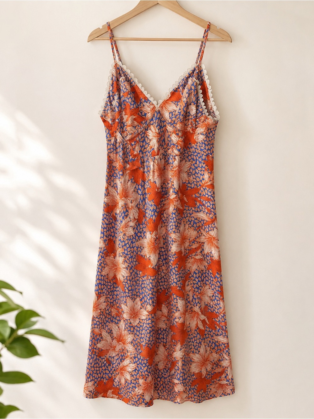 Floral V-Neck Maxi Slip Dress in Orange and Blue